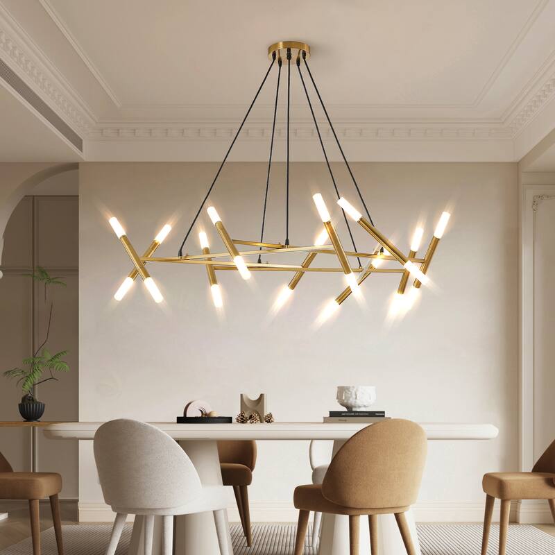 Modern Golden Chandelier with Frosted Tubes, Black Cords, for Dining Room, Living Room and Kitchen Island, Bulb Not Included