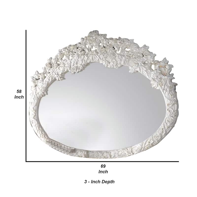 69 Inch Oval Wall Mirror, Ornate Floral Carved Wood Frame, White