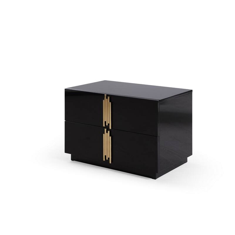28 Inch Nightstand, Modern Vertical Gold Handles, 2 Drawers, Black Finish