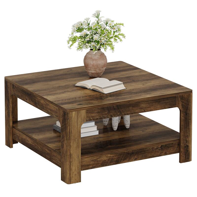 Farmhouse Wooden Square Coffee Table with 2-Tier Storage