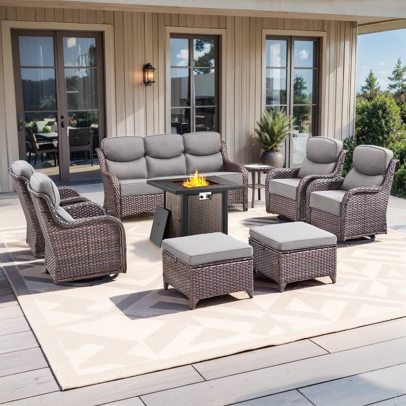 Pocassy 8/9PCS Patio Sofa Swivel Chair with 30" Fire Pit Tab;e - 9-Piece Sofa Siwvel Chair Ottoman w/ Fire Table - Gray Cushion Brown Wicker