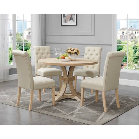 Roundhill Furniture Siena White-washed Finished 5-Piece Dining set, Pedestal Round Table with 4 Chairs