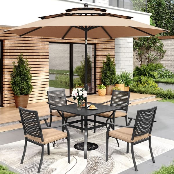 4 chair patio set with umbrella for sale 6 Piece Round- Chairs, table and simply press down the lock button and attach the pole extension for quick setup in under 10 minutes MAISON ARTS 5 Pieces Metal