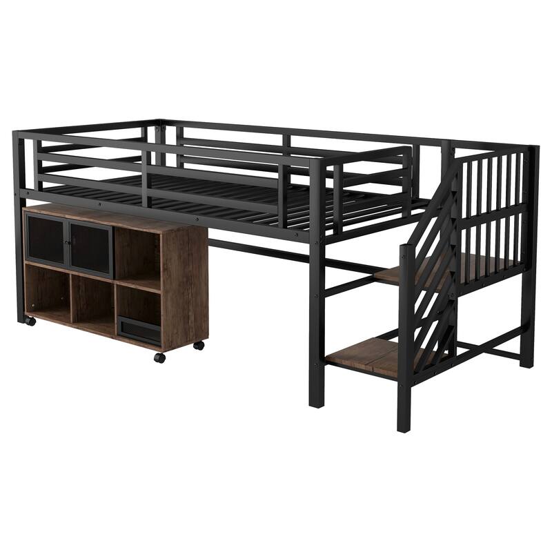 Twin Metal Loft Bed with Storage Cubby, Low Metal Loft Bed with Stairs for Kids