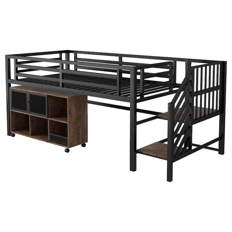 Twin Size Metal Loft Bed with Movable Storage Cabinets, Low Loft Bed Metal Frame Bed with Stairs for Kids