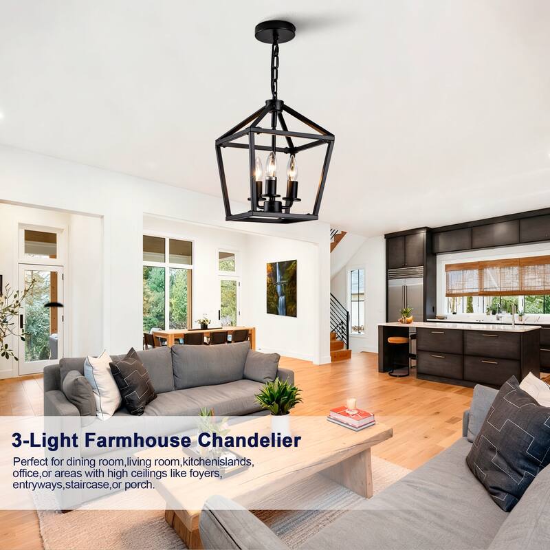 Farmhouse Lantern Chandelier 3-Light with Rustic Open Cage and Adjustable Hanging Height