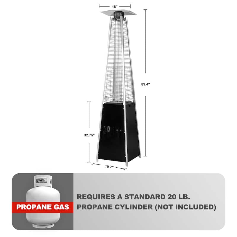 Outdoor 48,000 BTU Pyramid Propane Gas Patio Heater with Wheels, Glass Tube, Black