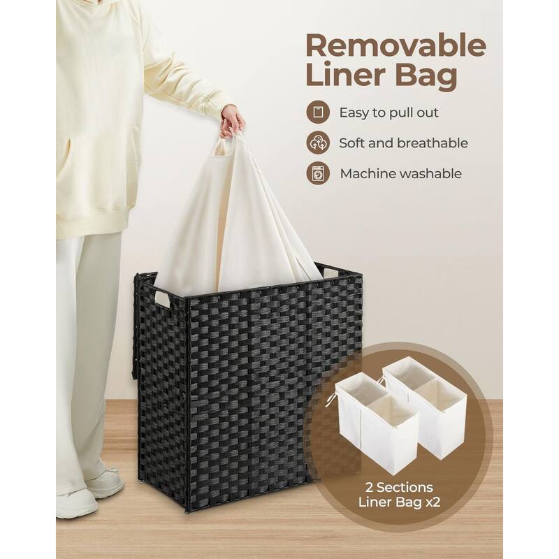 Laundry Hamper with lid,110L Wicker Laundry Baskets Foldable 2 Removable Liner Bags,2 Section Clothes Hamper Handwoven Rattan