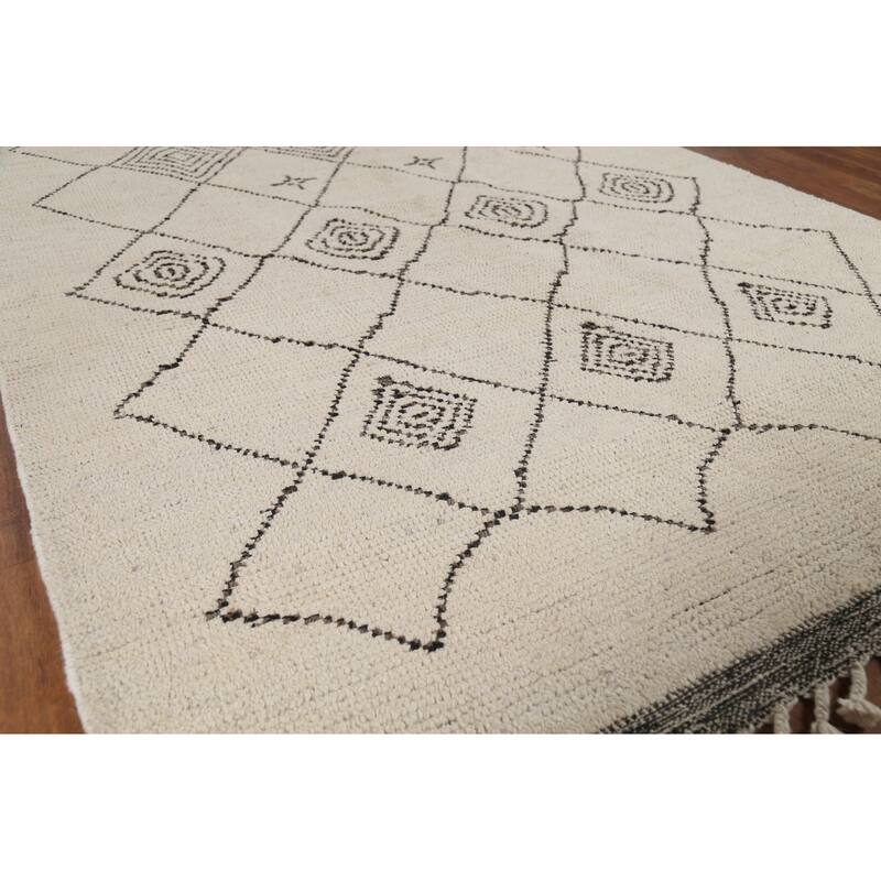 Trellis Moroccan Area Rug Hand-Knotted Geometric Beige Wool Carpet - 5'1"x 8'8"