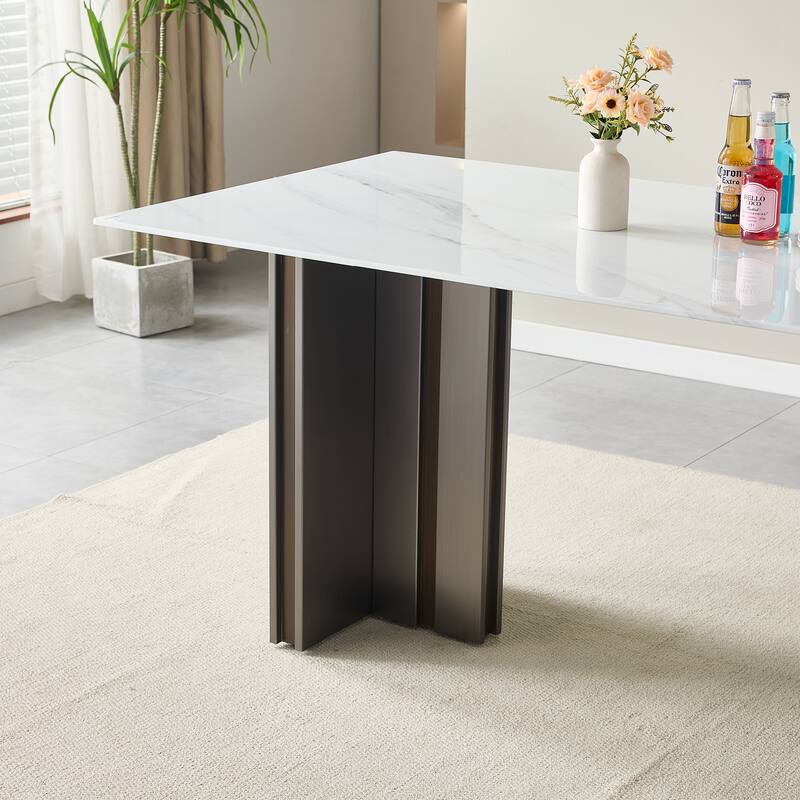 69.30 Inch Rectangular Dining Table, Modern Style, Tempered Glass With Marble Texture Tabletop, Suitable For 4-6 People