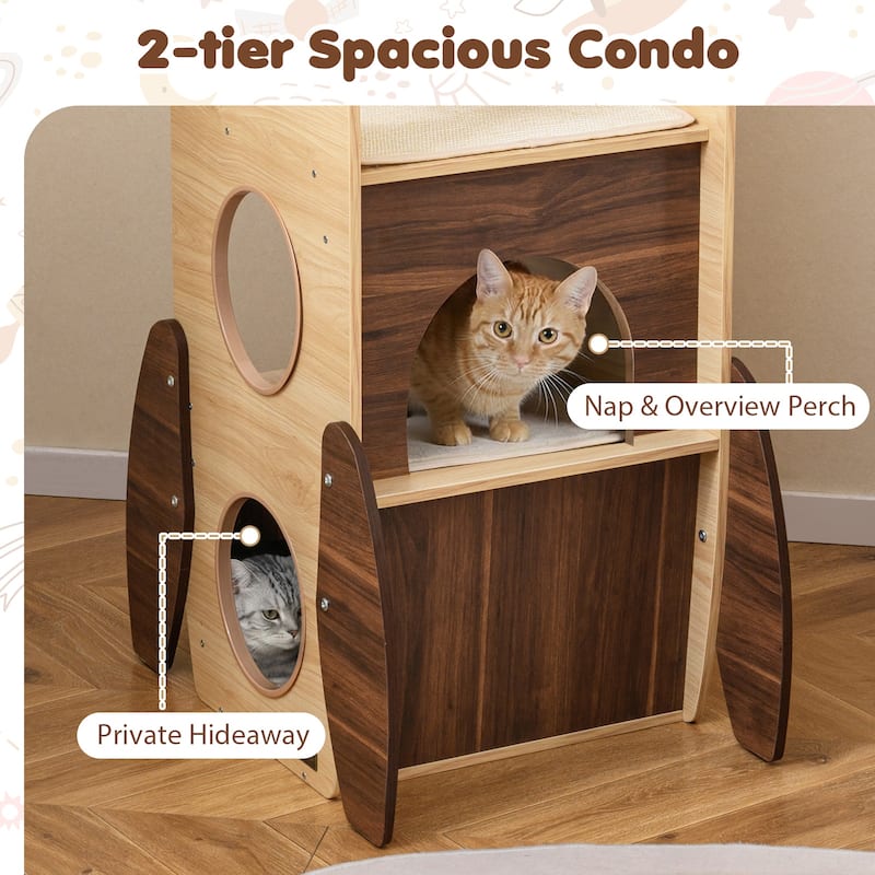 Gymax 47'' Large Wooden Cat House w/ 2-Storey Condo Top Perch & Sisal
