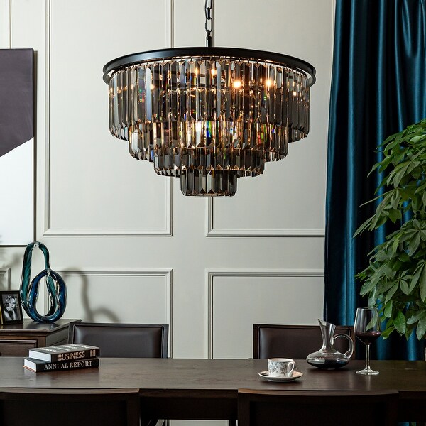 8-Lights Mid-Century Modern 4-Tier Round Fringe Crystal Chandelier