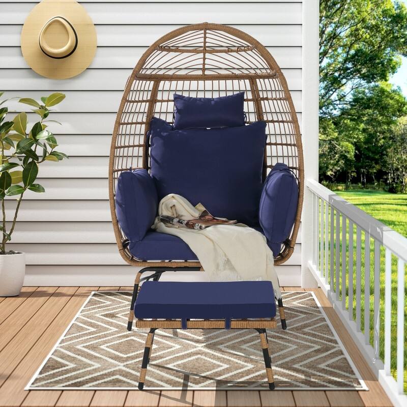 Wicker Egg Chair with Ottoman, Oversized Indoor Outdoor Lounger for Patio, Backyard, Living Room