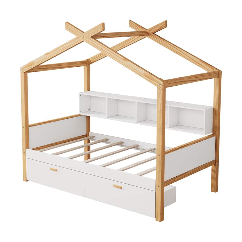 House-shaped Bed Frame for Bedroom Kids Boys Girls Daybed with Side Bookcase, Available with Trundle Bed or Storage Drawers