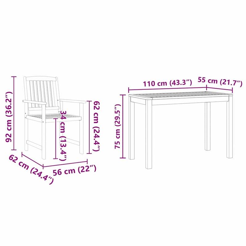vidaXL Garden Dining Set 3 pcs Brown Solid Acacia wood - 43.3 x 21.7 x 29.5
