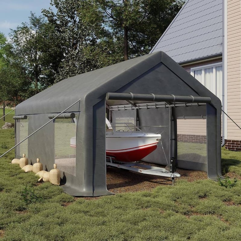 12x20 Ft Carport with Roll-Up Doors and 4 Windows for Bass Boats, Tractors, and SUVs - 12X20 Ft - Grey