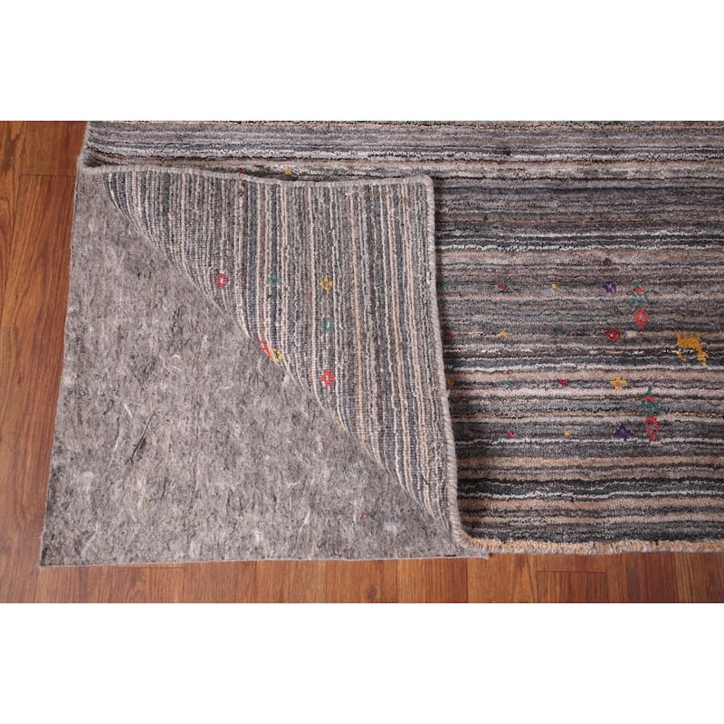 Striped Tribal Gabbeh Indian Square Area Rug Hand-Knotted Wool Carpet - 7'7"x 8'0"