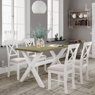 5-Piece Farmhouse Rustic Wood Dining Table Set with Upholstered Chairs