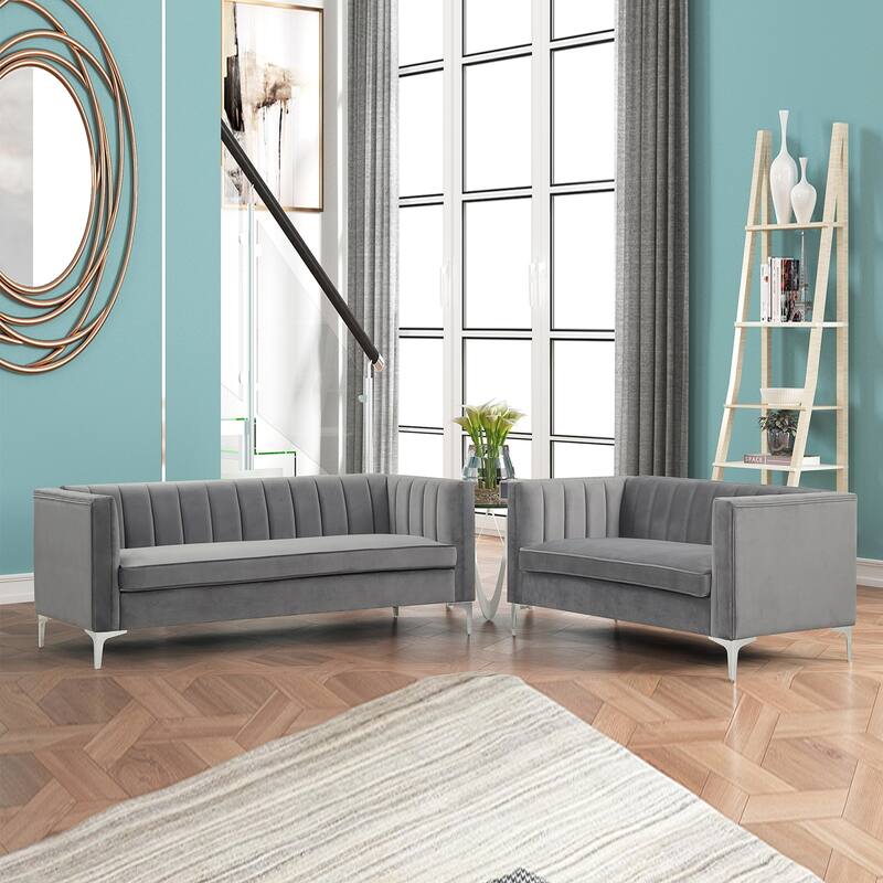 Morden Fort Modern 2 Pieces of Loveseat and Sofa Couch Set with Dutch Velvet Grey, Iron Legs