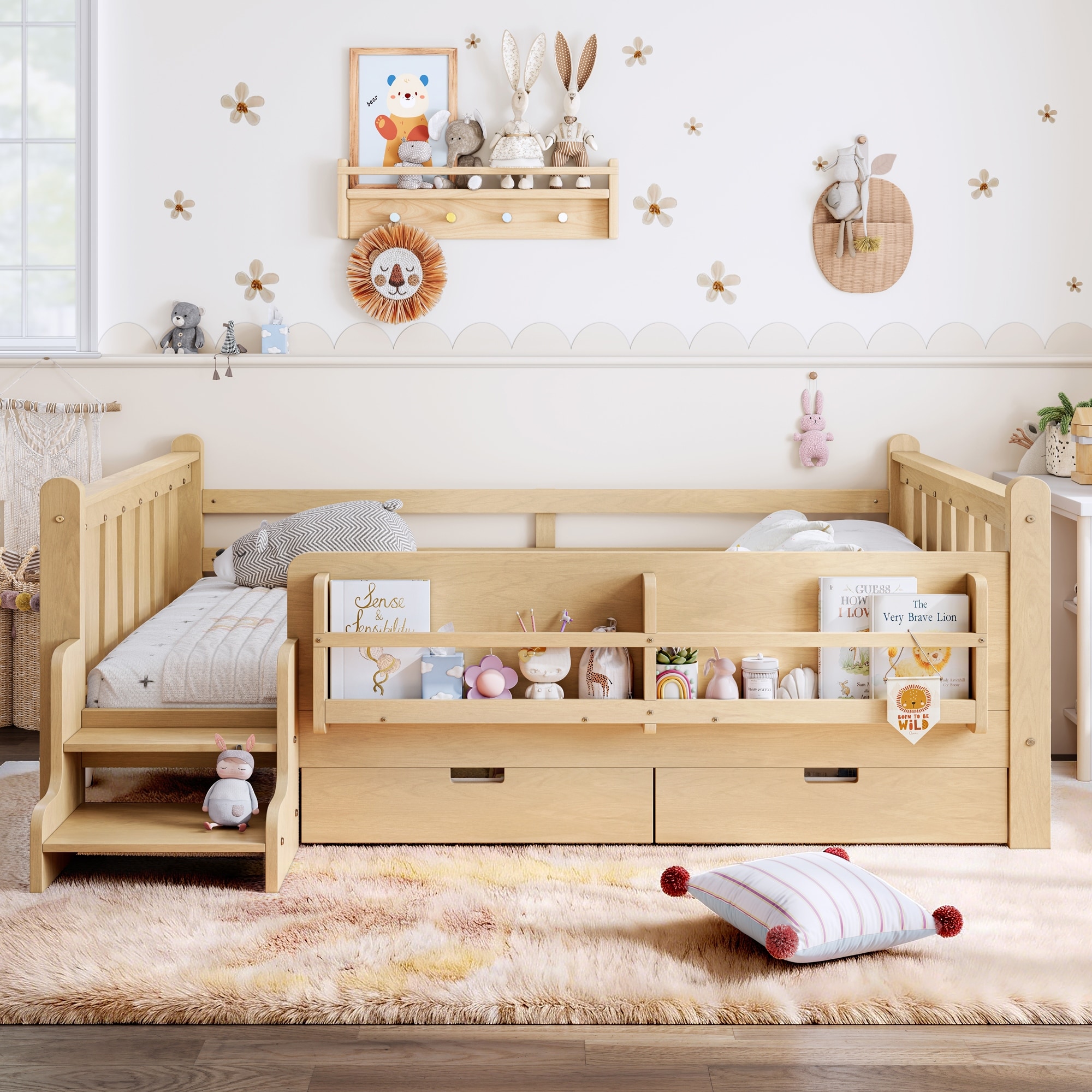 Roomfitters Wood Floor Bed, Storage Bookcase, 2 Units & 2-Step Safety Stairs, Kids Platform Bed Frame