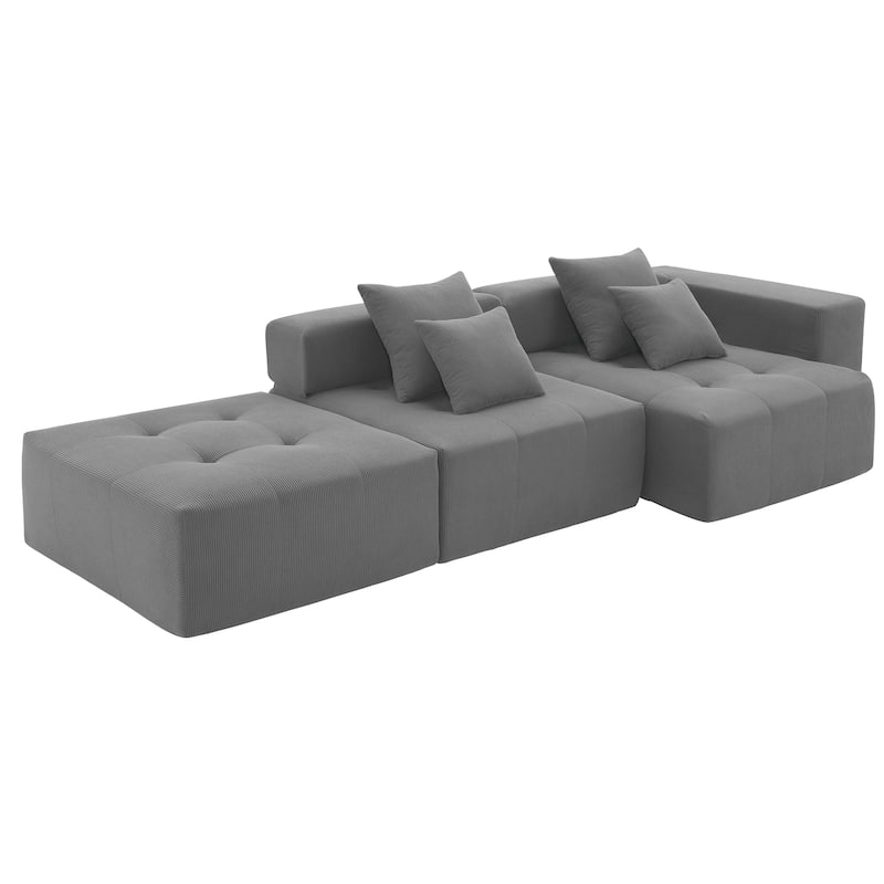 105.5'' L Shaped Modular Sofa, 3 PC Free Combo, No Assembly, Gray Corduroy, Living Room