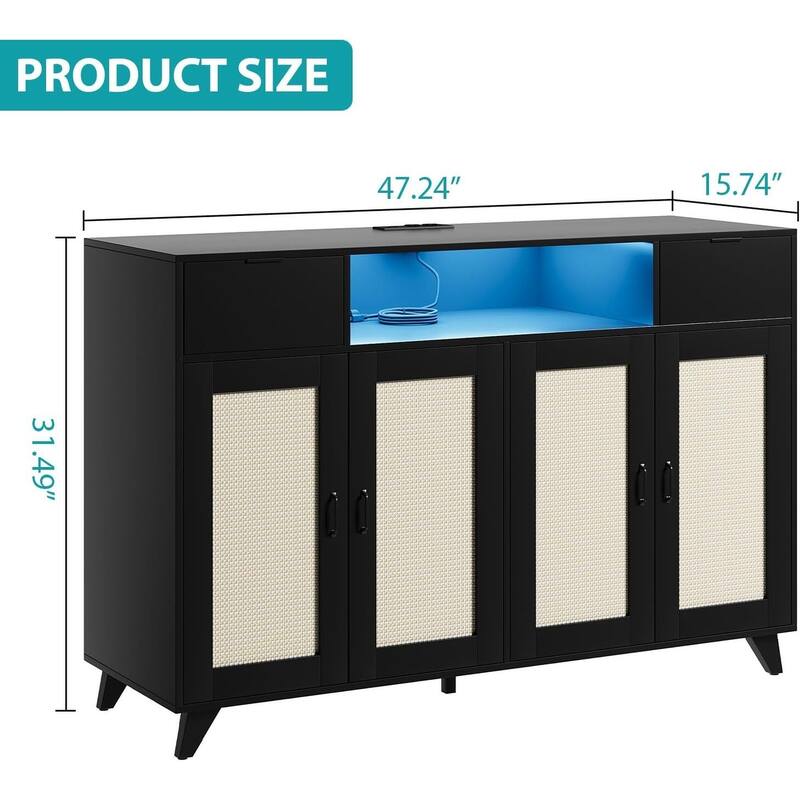 Sideboard Buffet Cabinet, 4 Rattan Doors 2 Drawers Accent Storage Cabinet