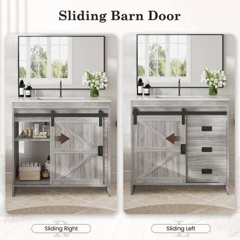 EROMMY Farmhouse Bathroom Vanity with Ceramic Top and Sliding Barn Door Sink Cabinet, Rustic Single Sink Vanity