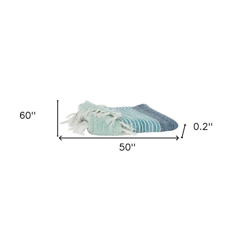 HomeRoots 50" X 60" Aqua Blue Teal And Ivory Recycled PET Woven Stripe Throw Blanket with Tassels
