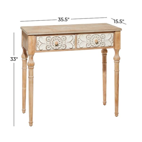 Brown Wood Intricately Carved 2 Drawers Floral Console Table