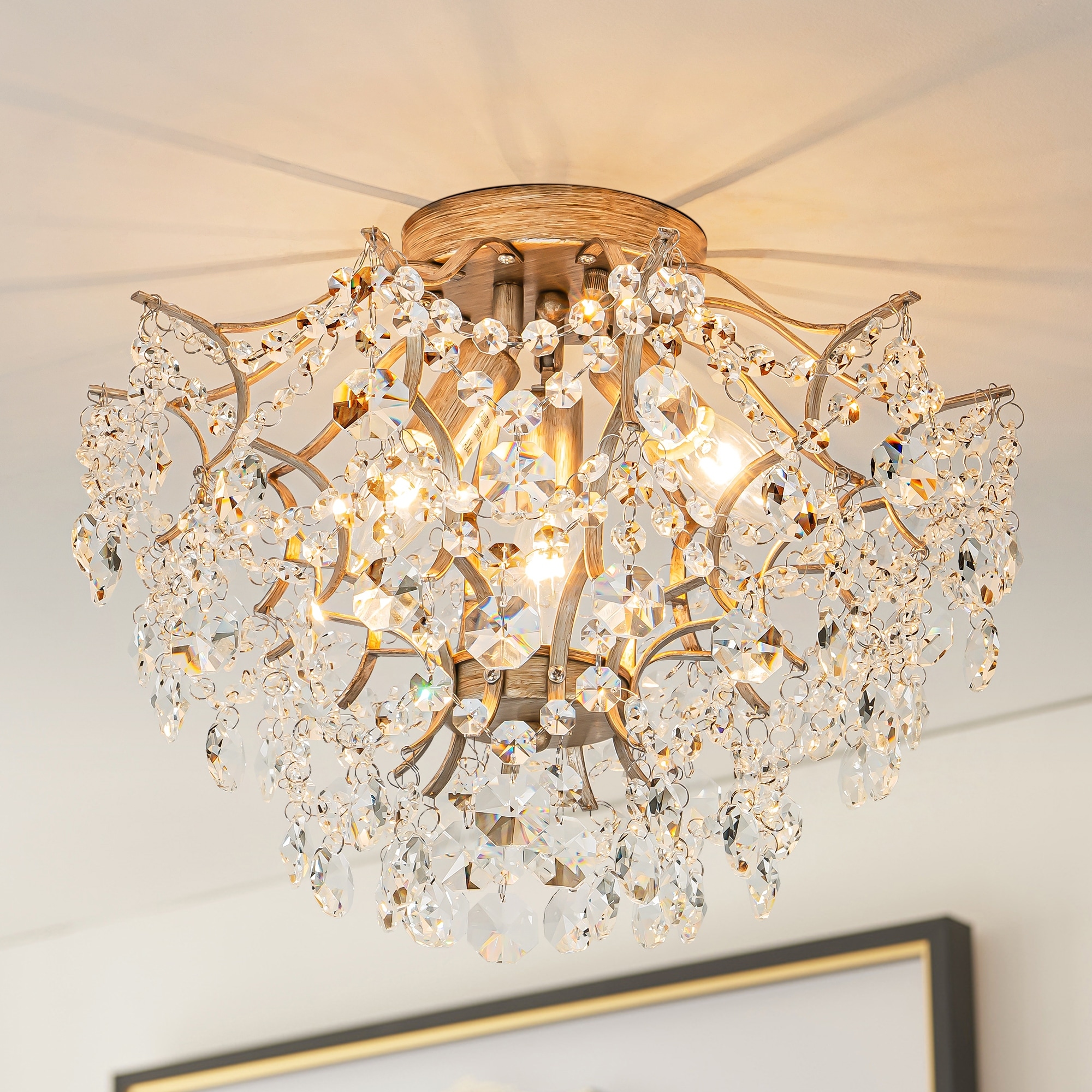 Rennnsan 3-Light Modern Glam Sputnik Crystal Flush Mount Light with Crystal Beads Accents