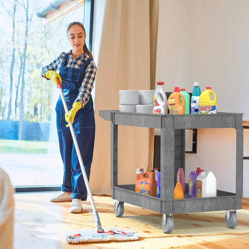 Heavy Duty Plastic Utility Cart 2 Tier Locking Rolling Cart