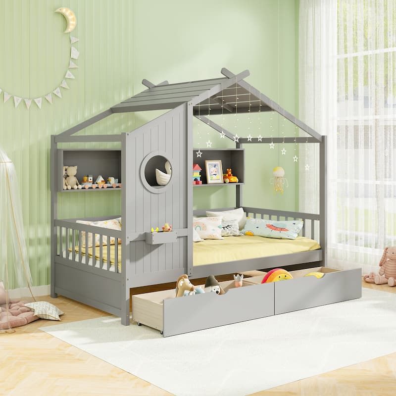 Gymax Twin Size House Bed Kids Bed Frame w/ 2 Storage Drawers & Fence - Grey