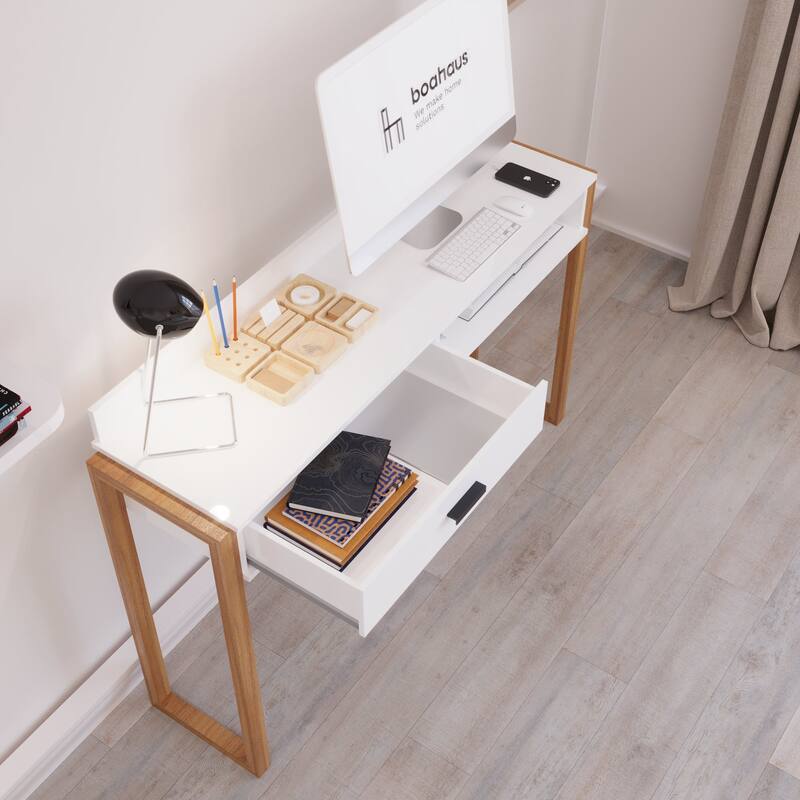 Modern Computer Desk with Drawer, Space-Saving, Shelf and Dual USB Charging Ports