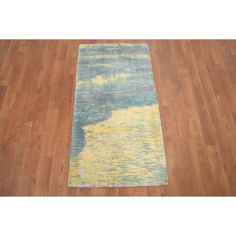 Hand Knotted Oriental Viscose Silk Carpet Modern Pictorial Multi-Colored Abstract Area Rug - 4' 0'' X 2' 0''