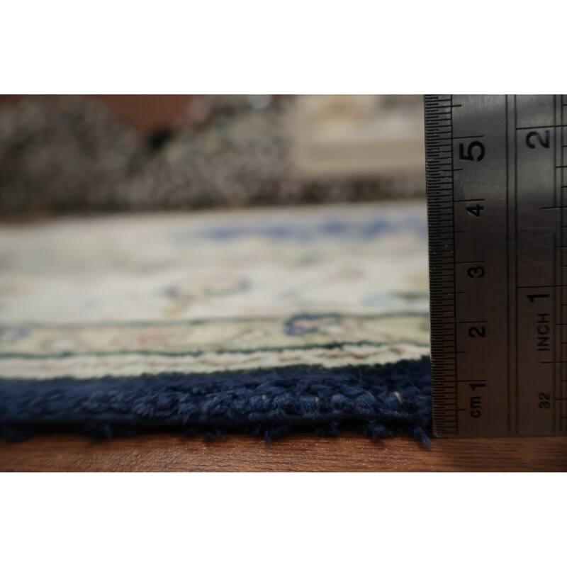 Hand Knotted Oriental Silk Carpet Traditional Floral Navy Blue & Blues Kashmar Area Rug - 7' 10'' X 5' 0''