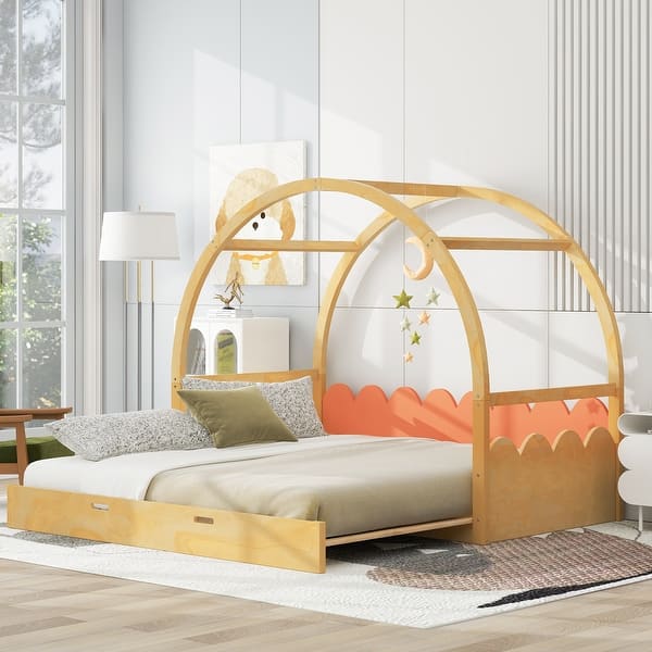 slide 2 of 24, Twin Size Stretchable Vaulted Roof Bed, Children's Pine Wood Bed Frame with Three-Sided Guardrail, No Noise/Easy Assembly