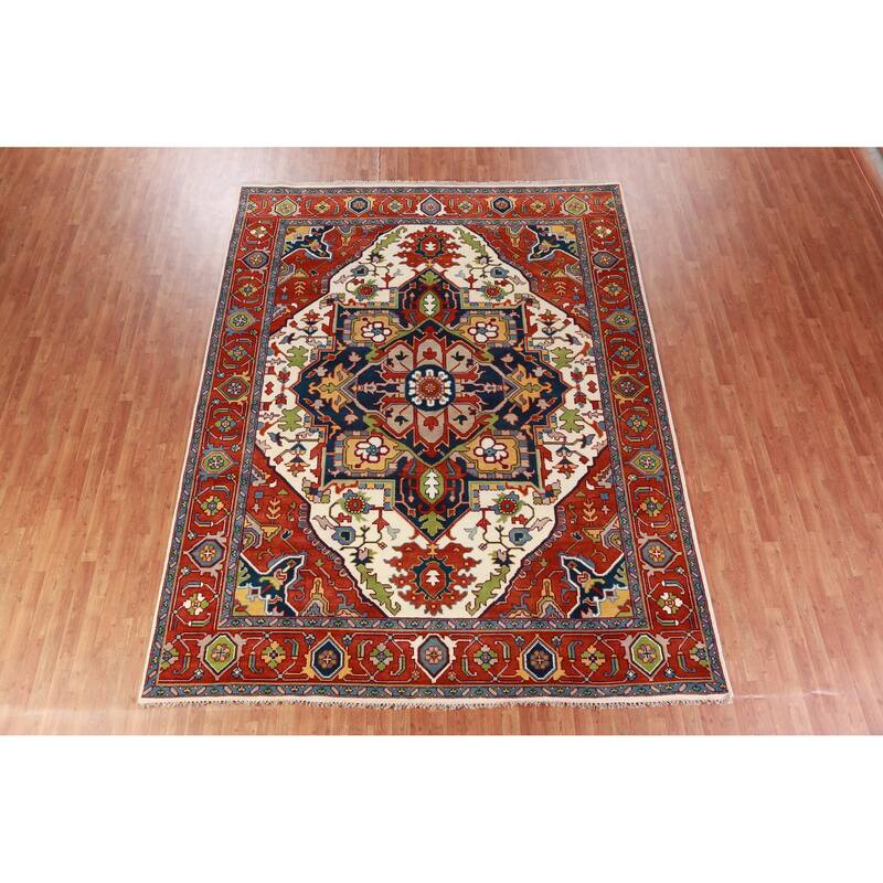 Ivory & Orange Medallion Heriz Serapi Indian Area Rug 9x12 - 9' x 12'