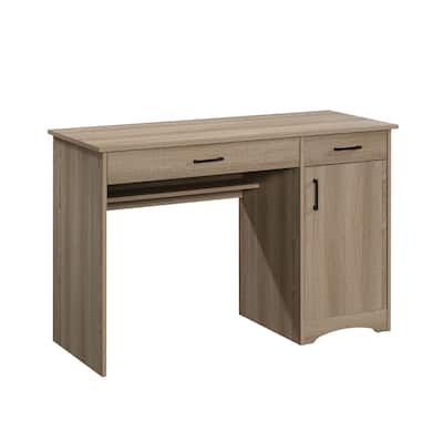 Warm Brown Compact Computer Desk with Keyboard Tray and Adjustable Shelf for Home Office