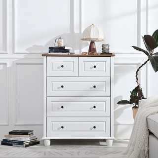 GDFStudio - Jennie White Dresser with 5 Drawers & Wood Storage Cabinet for Living Room, Hallway, Office