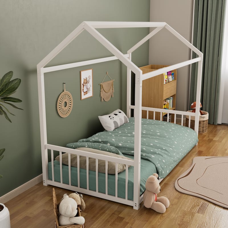 Montessori Metal House Bed with End Guardrails by Harper&Bright Designs