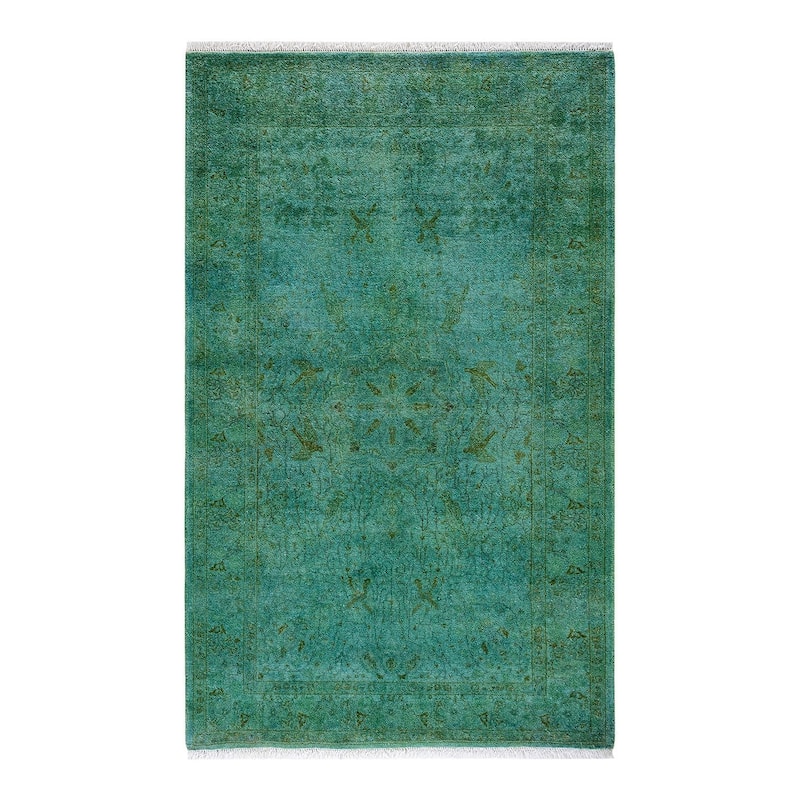 Overton Hand Knotted Wool Vintage Inspired Modern Contemporary Overdyed Green Area Rug - 3' 3" x 5' 3"