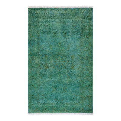 Overton Hand Knotted Wool Vintage Inspired Modern Contemporary Overdyed Green Area Rug - 3' 3" x 5' 3"