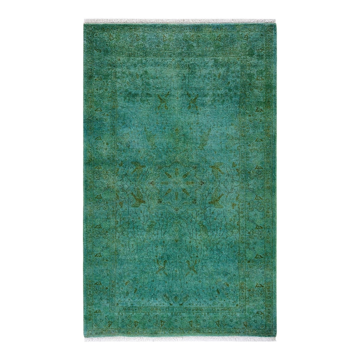 Overton Hand Knotted Wool Vintage Inspired Modern Contemporary Overdyed Green Area Rug - 3' 3" x 5' 3"