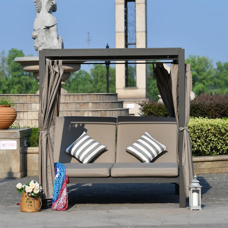 Outdoor Adjustable Daybed with Canopy Patio Steel Lounge Set