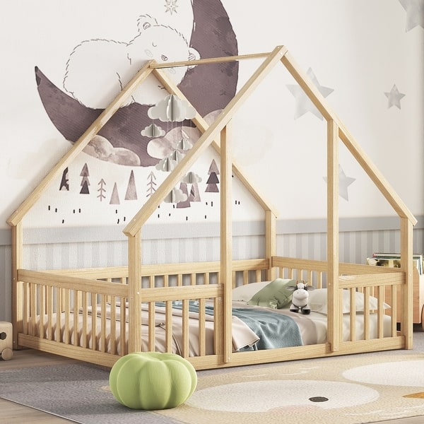 slide 2 of 18, Full Wood House-Shaped Floor Bed with Fence, Guardrails for Small Space, Living Room, Bedroom, Apartment Beige