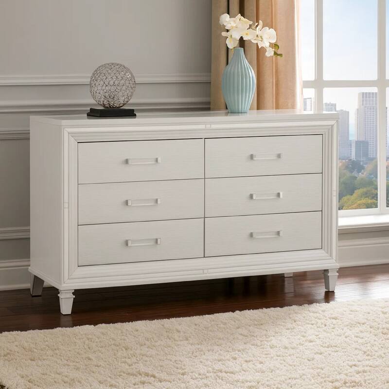 Textured Front 6 Drawer Dresser with Beveled Mirror Trim, White