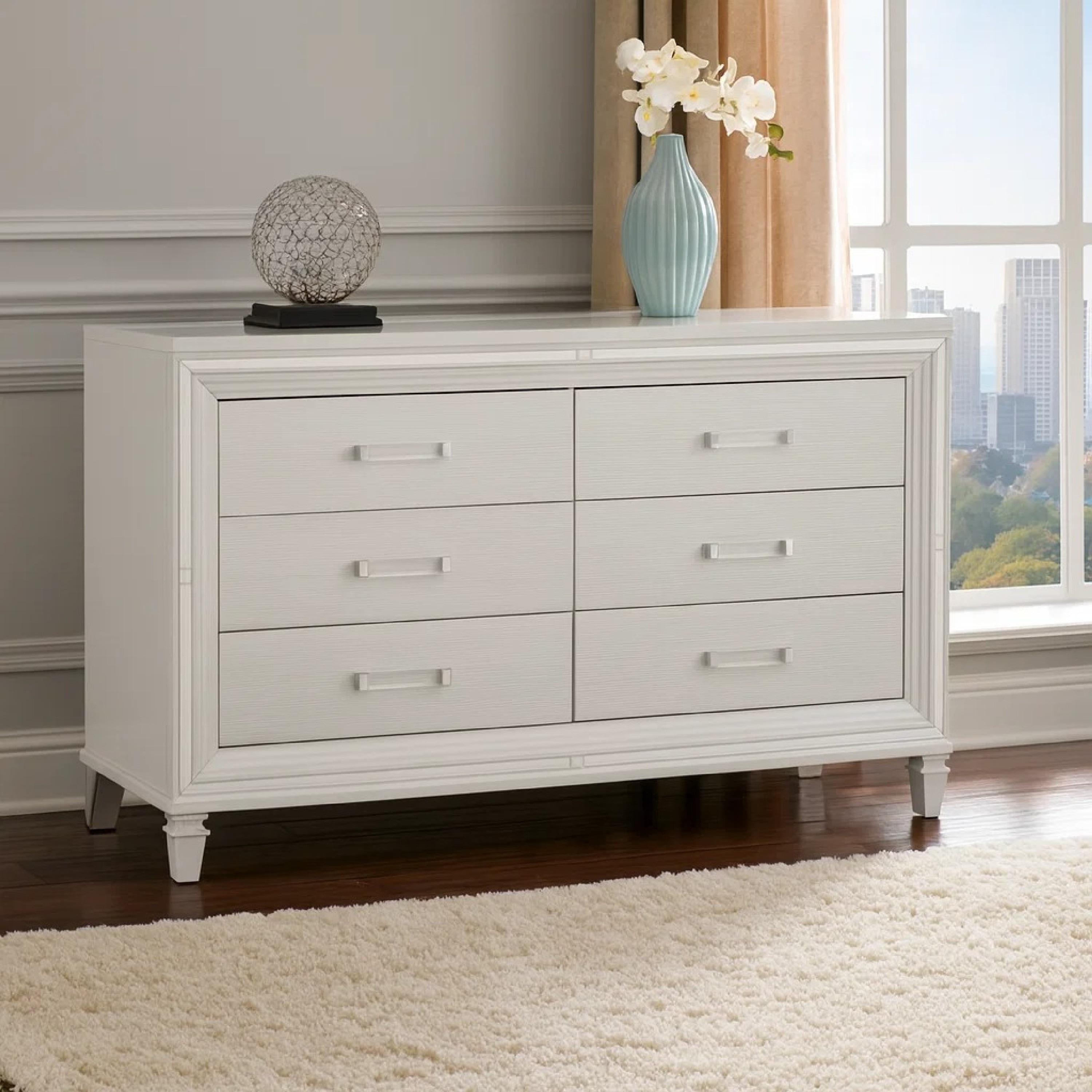 Benjara Textured Front 6 Drawer Dresser with Beveled Mirror Trim, White