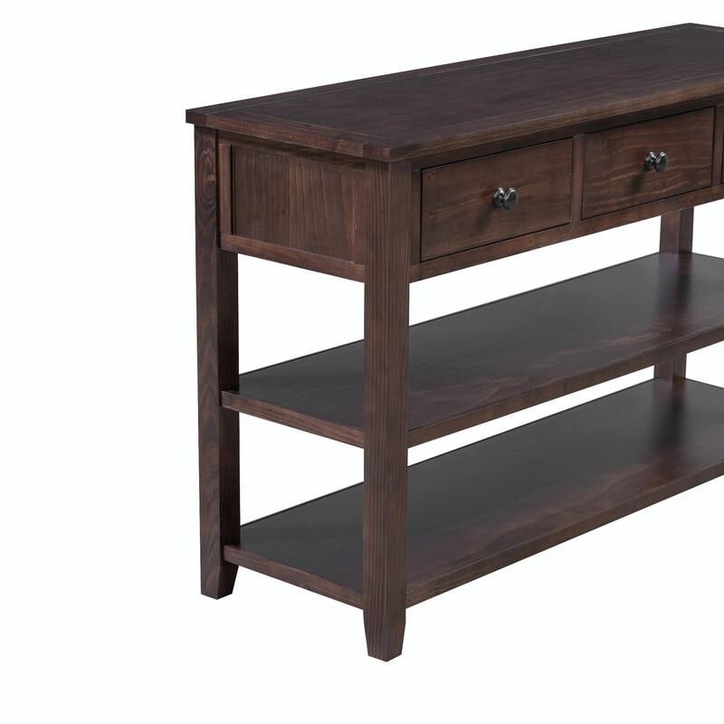 Retro Design Console Table - Pine Solid Wood Frame with Two Open Shelves