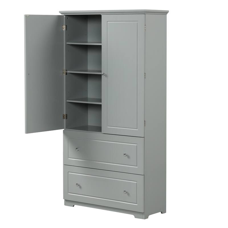Grey Double Door Storage Cabinet with 2 Drawers, Adjustable Shelf and Metal Round Knobs for Office Bathroom Bedroom Living Room