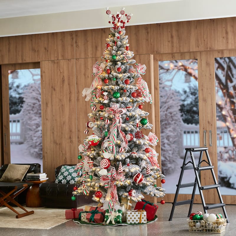 Glitzhome 6ft/9ft Pre-Lit Flocked Artificial Pine/Spruce Christmas Tree 300 Warm White Lights